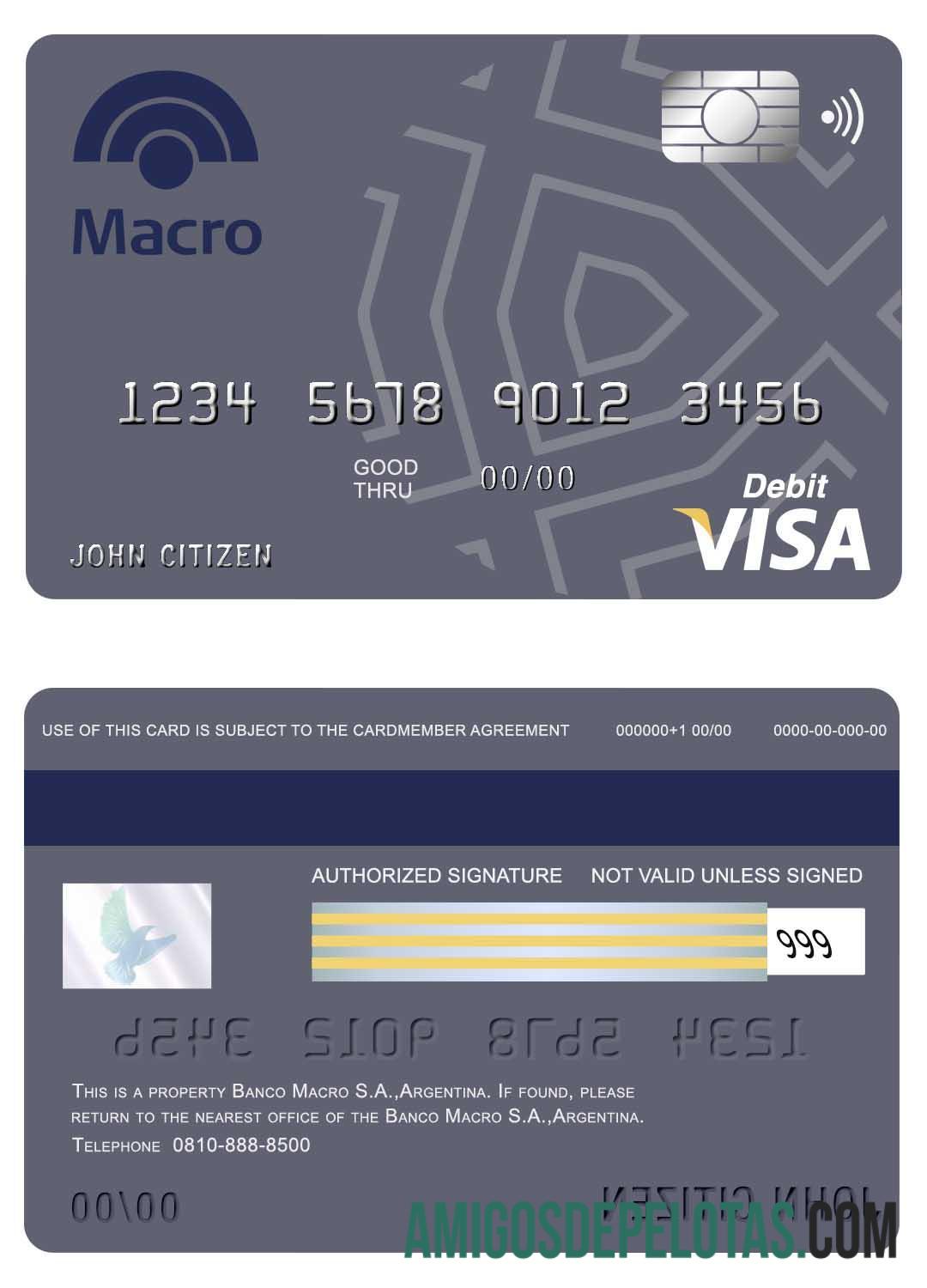 Argentina Banco Macro S.A. Cartão Visa Bancário amostra